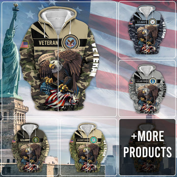 BlueJose Premium Camo Soldiers Multiservice US Veteran Zip Hoodie