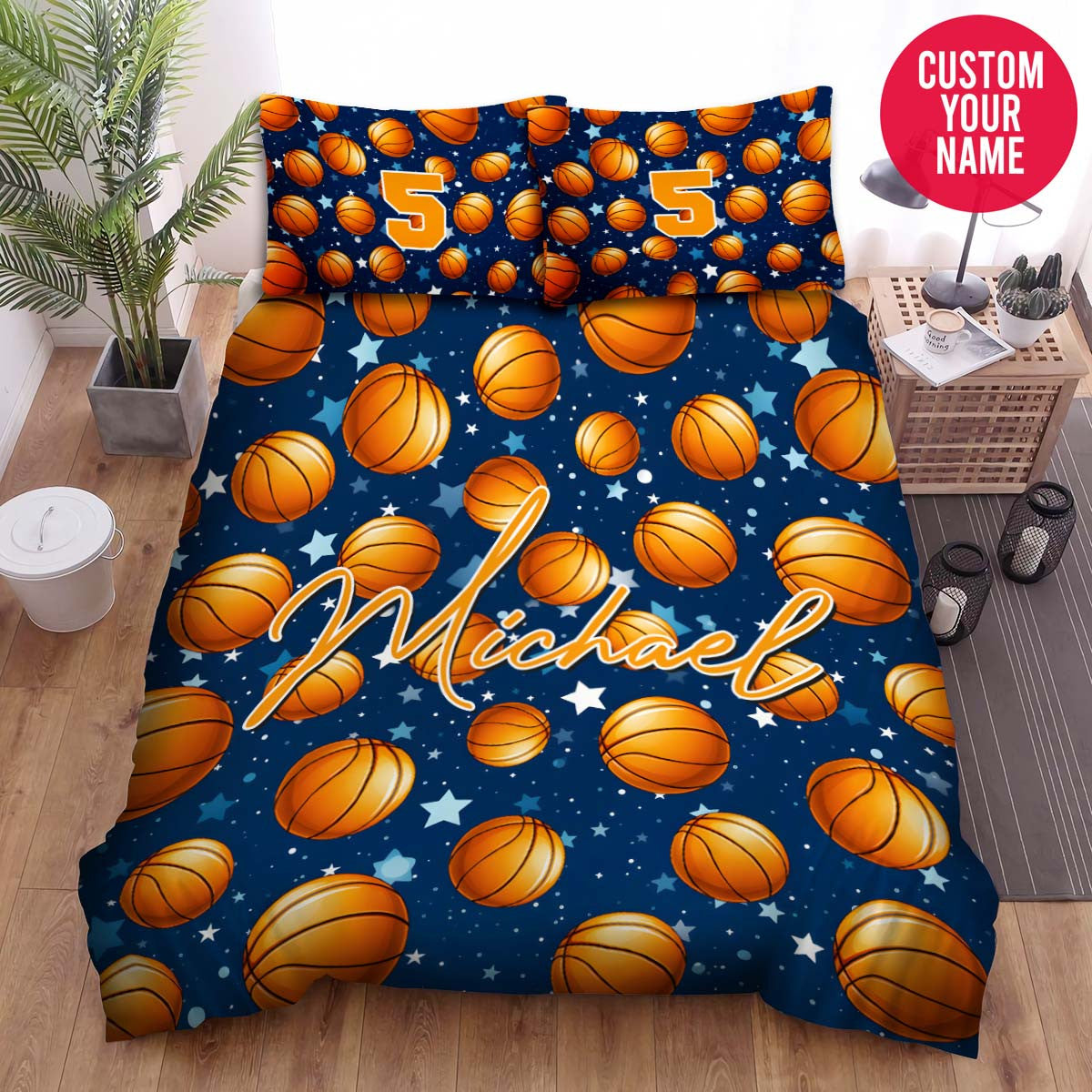 BlueJose Personalized Basketball Ball On Blue Star Pattern Custom Name Duvet Cover Bedding Set