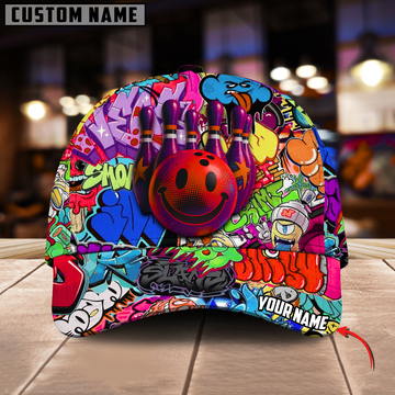 BlueJoses Bowling And Pins Graffiti Funny Smiley Personalized Name Cap