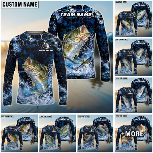 Bluejose Fishing Dark Navy Hexagon Water Splash Pattern Custom Name & Team Name 3D Shirts (12 Breeds)