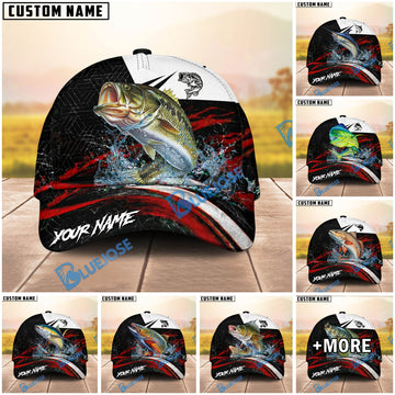 BlueJose Fishing Black Red Abstract Stripe Personalized Name Classic 3D Cap (13 Breeds)