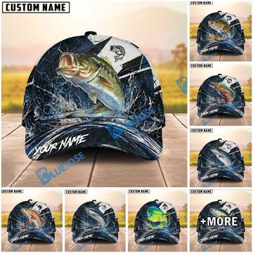 BlueJose Fishing Black White Crack Texture Splash Personalized Name Classic 3D Cap (13 Breeds)