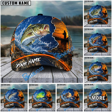 BlueJose Fishing Blue Sunset Ocean Camo Personalized Name Classic 3D Cap (13 Breeds)