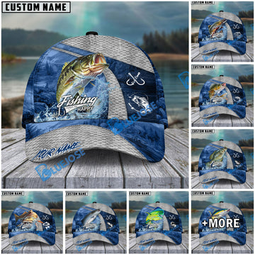 BlueJose Fishing Splash Water Fish Scale Lake View Personalized Name Classic 3D Cap (13 Breeds)