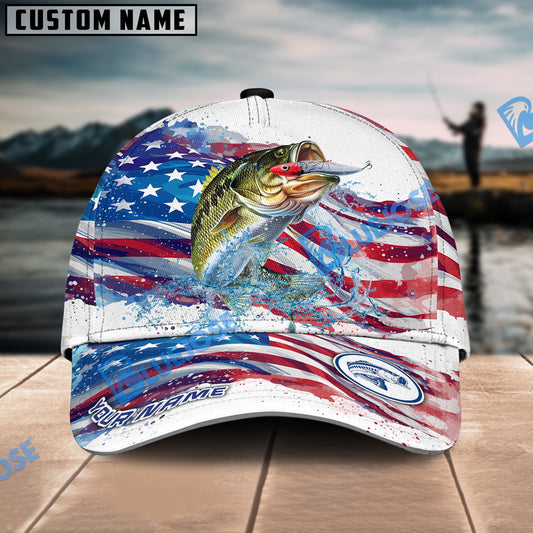 BlueJose Bass Fishing Watercolor USA Flag Personalized Cap