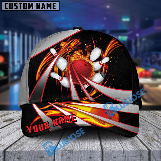 BlueJoses Flame Bowling And Pins Tornado Pattern Multicolor Personalized Name Cap