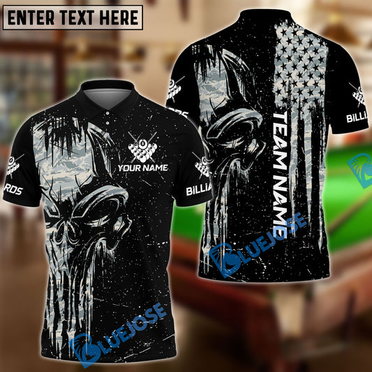 BlueJose Billiards Ball 8 Camo Punisher Skull Personalized Name & Team Name Shirt (4 Colors)