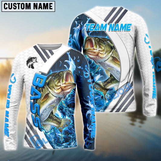 Bluejose Bass Fishing White Blue Lava Sport Custom Name & Team Name 3D Shirts