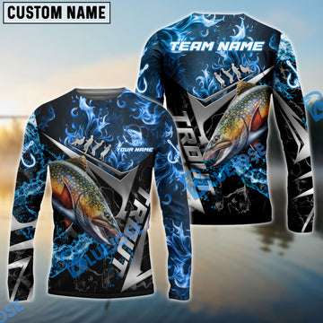 Bluejose Trout Fishing Silver Line Blue Flame Custom Pattern Name & Team Name 3D Shirts