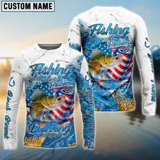Bluejose Walleye Fishing Beer & Fishing Flag Quote “Fishing solves most of my problems, drinking solves the rest” Dynamic Strike Pattern Custom Name & Team Name 3D Shirts