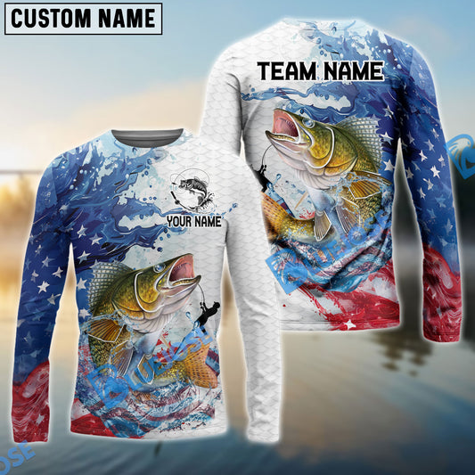 Bluejose Walleye Fishing Patriotic American Flag Wave White Skin Custom Name & Team Name 3D Shirts