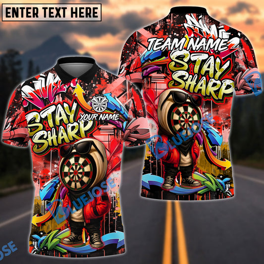 BlueJose Darts Graffiti Character Stay Sharp Personalized Name, Team Name Unisex Shirt (4 Colors)