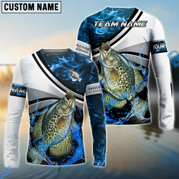 Bluejose Crappie Fishing Grey Diagonal Stripe & Blue Flame Water Splash Custom Name & Team Name 3D Shirts
