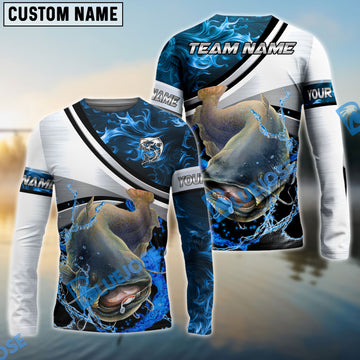 Bluejose Catfish Fishing Grey Diagonal Stripe & Blue Flame Water Splash Custom Name & Team Name 3D Shirts