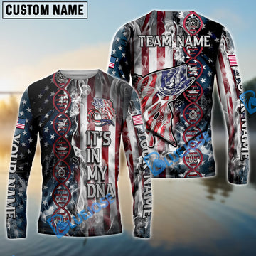 Bluejose Walleye Fishing American Flag Smoke & Red DNA Helix Firefighter Icons Custom Name & Team Name 3D Shirts