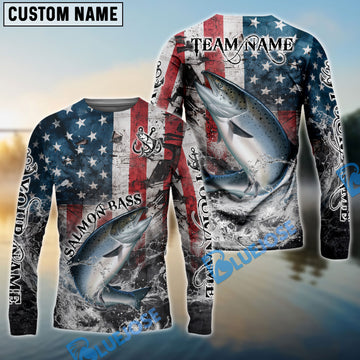 Bluejose Chinook Salmon Fishing American Flag Vintage Splash Art Custom Name & Team Name 3D Shirts
