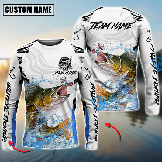 Bluejose Walleye Fishing White Black Curve Pattern Design Custom Name & Team Name 3D Shirts
