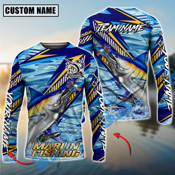 Bluejose Marlin Fishing Yellow Blue Lightning Pattern Design Custom Name & Team Name 3D Shirts
