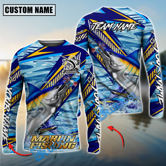 Bluejose Marlin Fishing Yellow Blue Lightning Pattern Design Custom Name & Team Name 3D Shirts