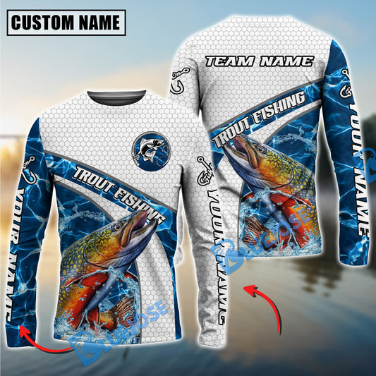 Bluejose Trout Fishing Honeycomb Electric Water Splash Custom Name & Team Name 3D Shirts