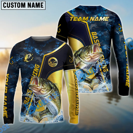 Bluejose Bass Fishing Ocean Wave Gold Luxury Pattern Custom Name & Team Name 3D Shirts