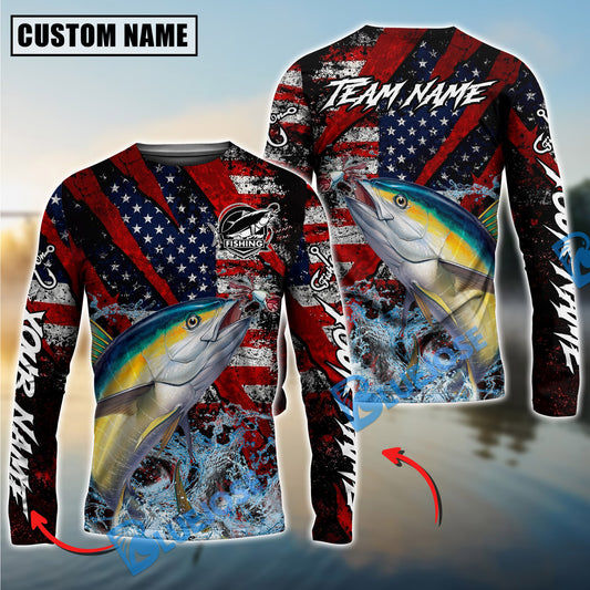 Bluejose Tuna Fishing American Flag Grunge Red Scratch Custom Name & Team Name 3D Shirts
