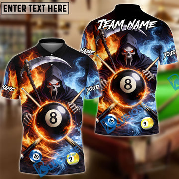 BlueJose Billiards Ball 8 & 9 & 10 Ice Smoke & Fire Reaper Skull Personalized Name Shirt (4 Colors)