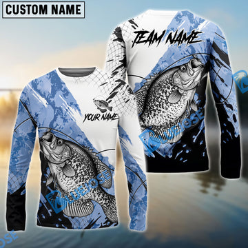 Bluejose Crappie Fishing Blue White Long Jumping Splash Water Graphic Custom Name & Team Name 3D Shirts
