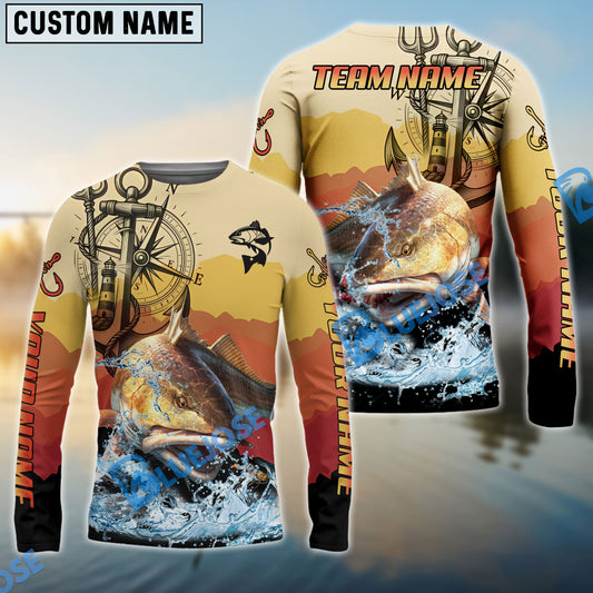 Bluejose Redfish Fishing Sunset Compass Custom Name & Team Name 3D Shirts