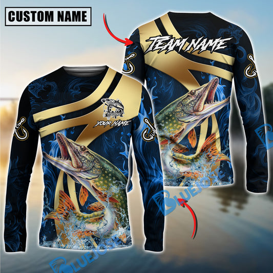 Bluejose Pike Fishing Luxury Gold Wave Water Splash Design Custom Name & Team Name 3D Shirts