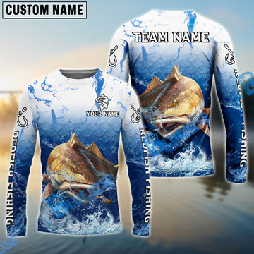 Bluejose Redfish Fishing Ocean Scale Gradient Splash Design Custom Name & Team Name 3D Shirts