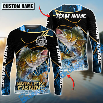Bluejose Walleye Fishing Water Splash Navy Gold Pattern Custom Name & Team Name 3D Shirts