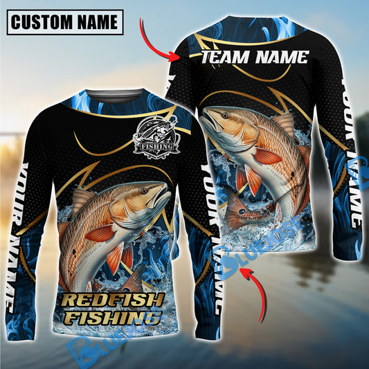 Bluejose Redfish Fishing Water Splash Navy Gold Pattern Custom Name & Team Name 3D Shirts