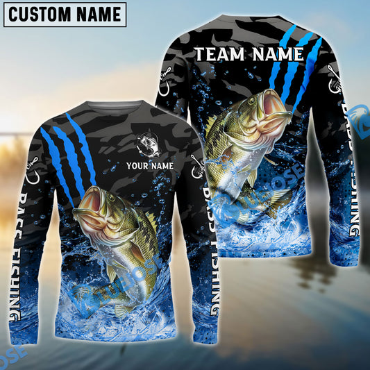 Bluejose Bass Fishing Blue Scratch Camo Water Splash Custom Name & Team Name 3D Shirts