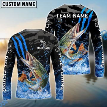 Bluejose Pike Fishing Blue Scratch Camo Water Splash Custom Name & Team Name 3D Shirts