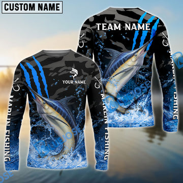 Bluejose Marlin Fishing Blue Scratch Camo Water Splash Custom Name & Team Name 3D Shirts