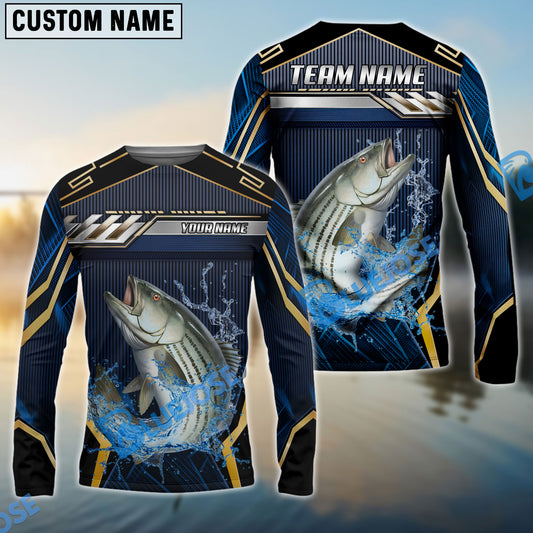 Bluejose Striped Bass Fishing Black Gold Geometric Custom Name & Team Name 3D Shirts