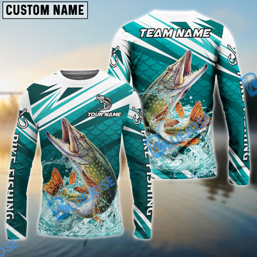 Bluejose Pike Fishing Cyan Scale Pattern Splash Water Custom Name & Team Name 3D Shirts
