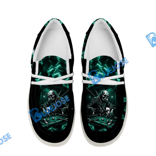 BlueJose Billiards Skull Fire White Canvas Loafer Shoes (4 Colors)