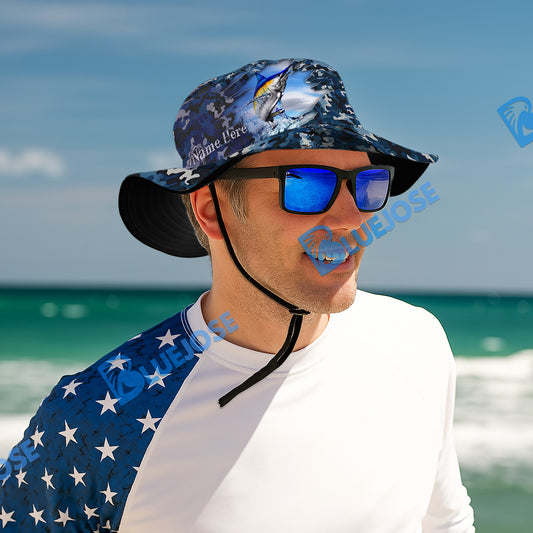BlueJose Blue Marlin Camouflage Custom Name Bucket Hat