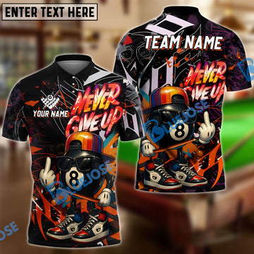 BlueJose Billiards Funny Never Give Up 8-Ball Personalized Name Shirt (4 Colors)