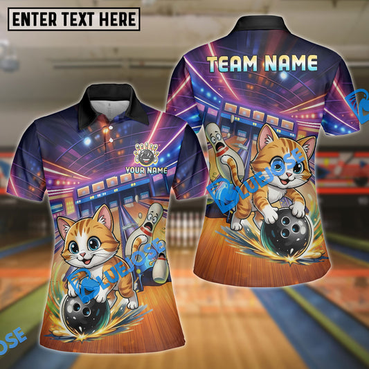 BlueJose Bowling And Pins Funny Cute Cat Strike Customized Name, Team Name 3D Shirt For Kids