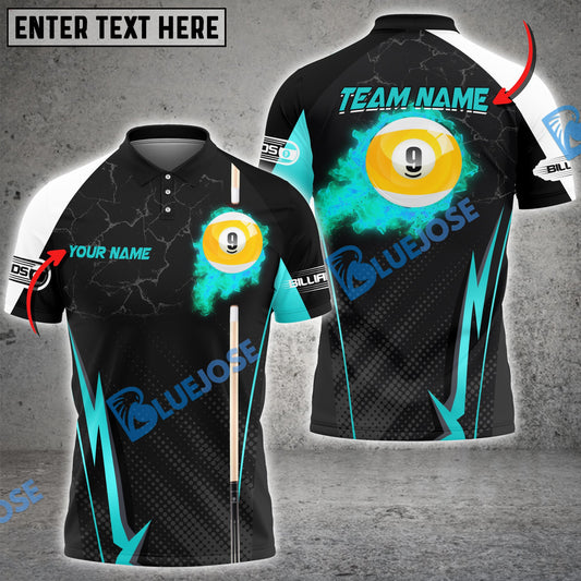 BlueJose Billiards Ball 9 Fire Cue Personalized Name, Team Name Unisex Shirt (4 Colors)