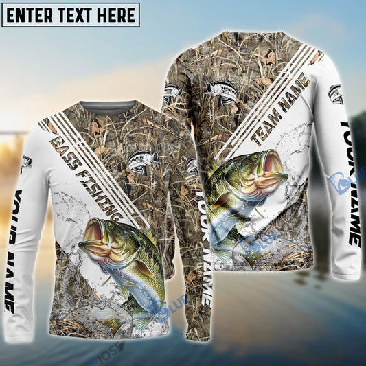 Bluejose Bass Fishing White And Grass Camo Sport Custom Name & Team Name 3D Shirts