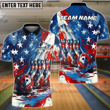 BlueJose Bowling Patriotic American Flag Splatter Art Personalized Name, Team Name 3D Shirt