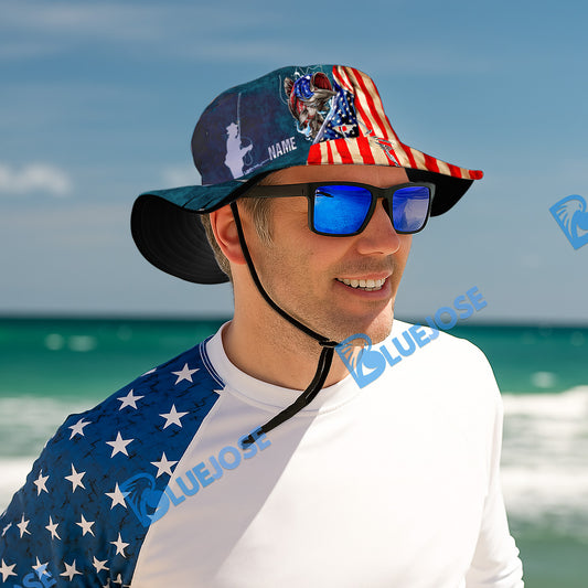 BlueJose Custom Name Bass Fishing Flag Print Bucket Fishing State Hat