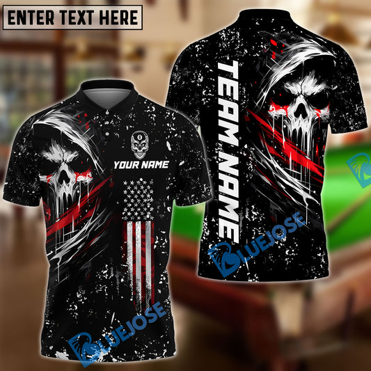 BlueJose Billiards Ball 8 Grim Skull with American Flag Customized Name, Team Name 3D Shirt