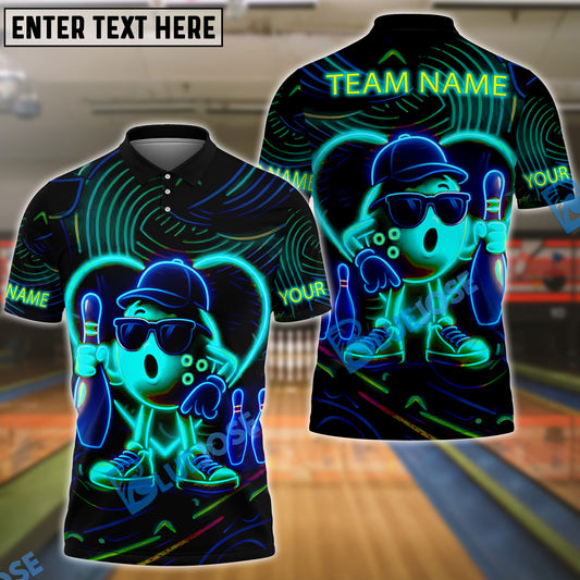 BlueJose Bowling Ball & Pins Neon Funny Customized Name, Team Name 3D Shirt (4 Colors)
