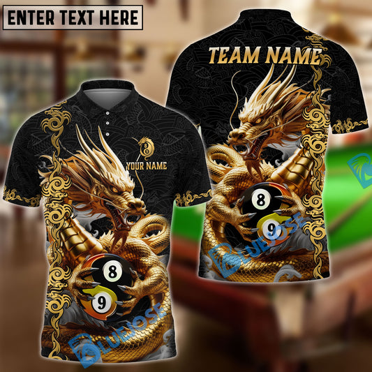 BlueJose Billiards 8 Ball 9 Ball Golden Dragon Yin And Yang Personalized Name Shirt (4 Colors)