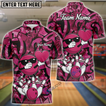 BlueJose Bowling Pink Cartoon Love Heart Personalized Name, Team Name 3D Shirt